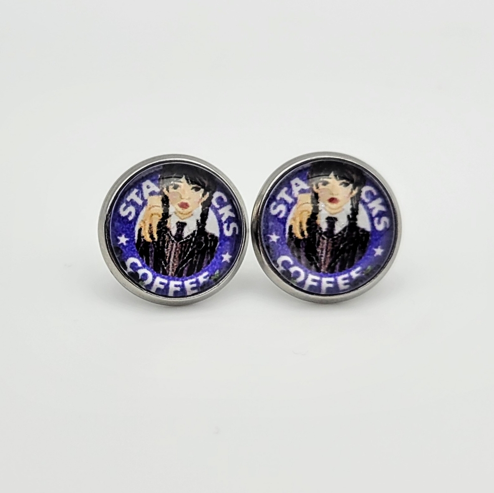Halloween Goth Girl Wednesday Coffee Earrings, Cartoon Fashion Glass Button Stud